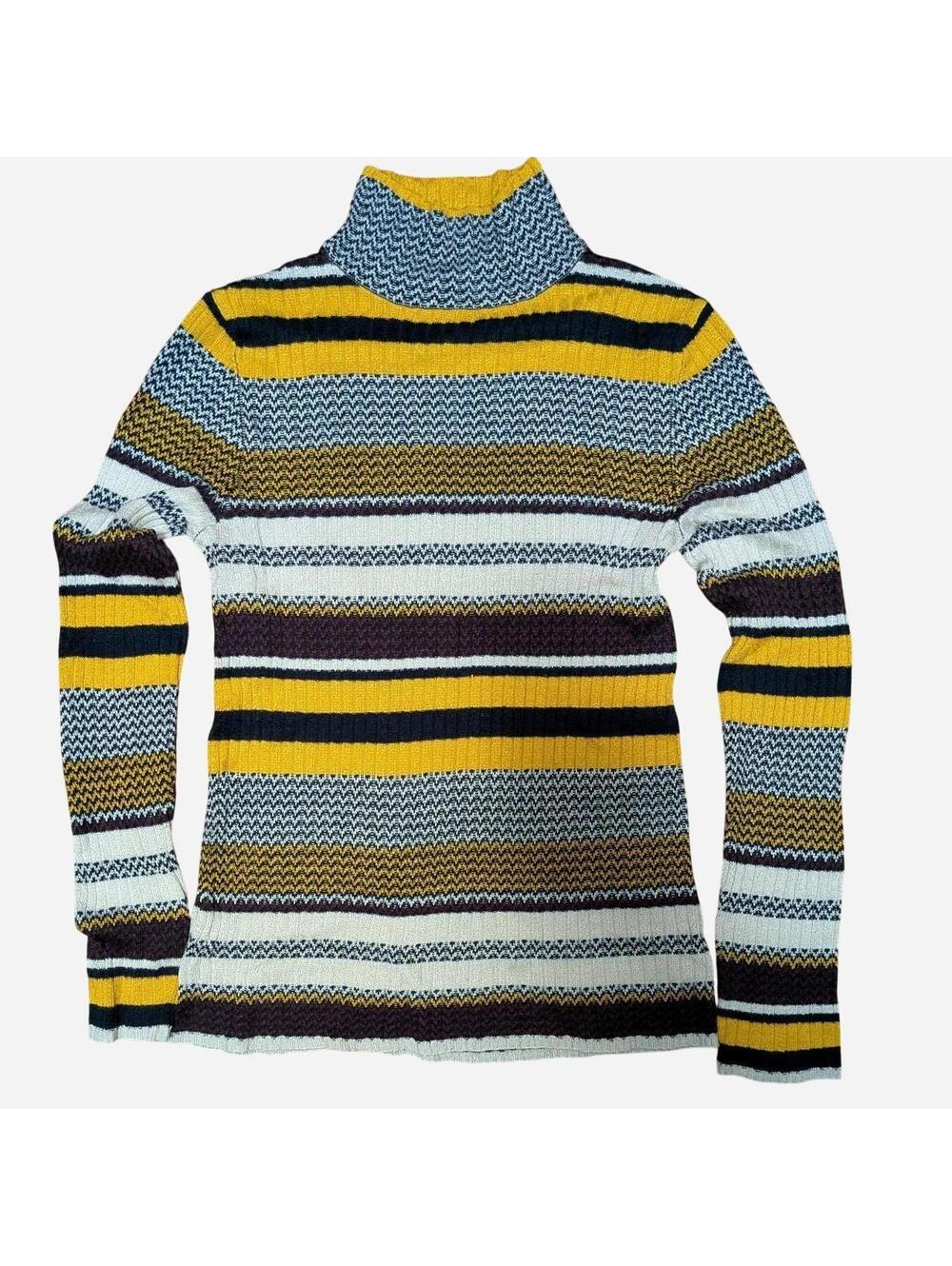 Retro Y2K Striped Turtleneck Sweater in Yellow, Burgundy, Brown & White - Medium